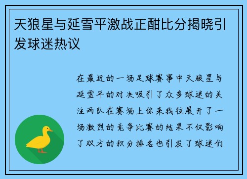 天狼星与延雪平激战正酣比分揭晓引发球迷热议